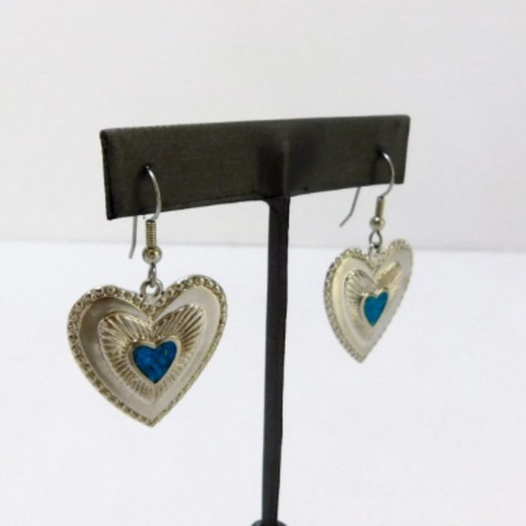 Triple Heart, Fish Hook Earrings, Silvertone, Faux Turquoise Center, Christmas - Picture 4 of 8
